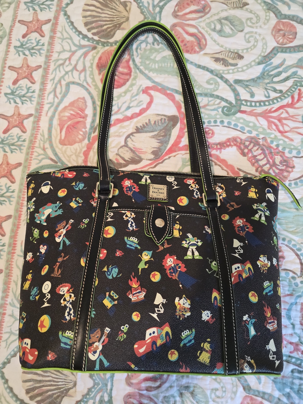 Dooney & Bourke Black Toy Story Print Tote with Neon Green Trim - Picture 3 of 14